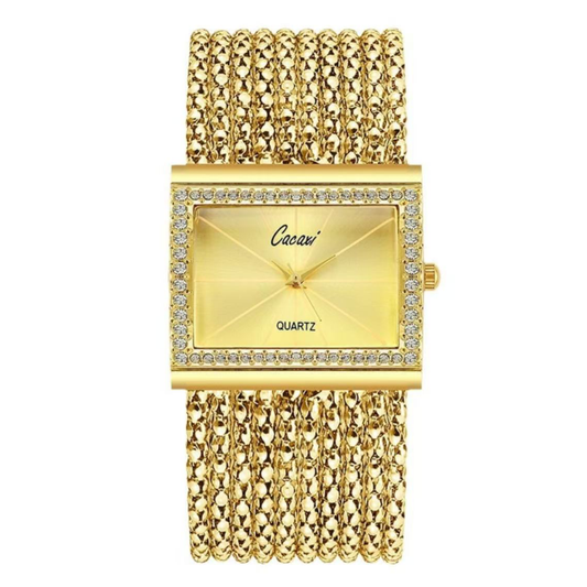 Elegant Square Gold Dial Watch with Diamond-Accented Bezel & Gold-Tone Alloy Bracelet