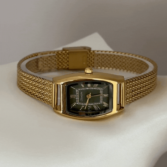 Vintage Natural: Green Tonneau Dial Watch with Gold Wheat Pattern Stainless Steel Bracelet