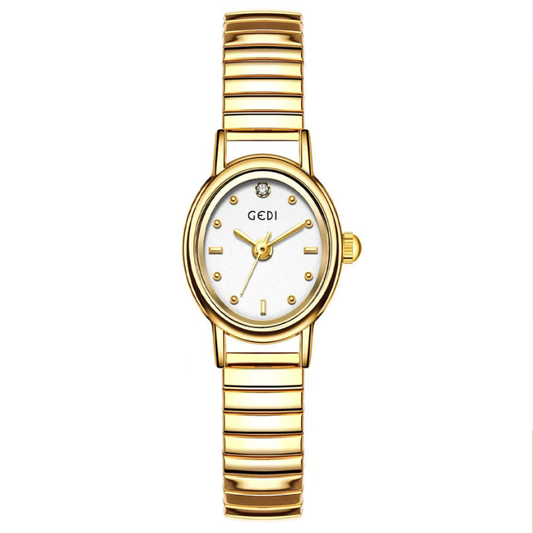 Classic Retro Oval White Dial Gold-Tone Case Stainless Steel Band Quartz Wristwatch