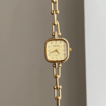 Monochromatic Brilliance: Gold Square Dial Watch with Matching Bezel & Bracelet