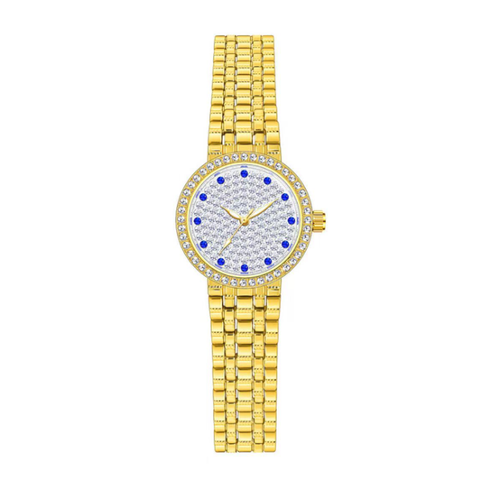 Elegant Diamond-Accented Watch: Round Silver Dial with Micro-Diamonds & Gold-Tone Bracelet