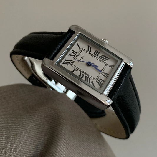 Sleek Commuter Timepiece: Black Strap Silver Case Square Watch