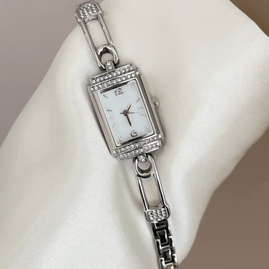 Modern Glamour: White Rectangle Dial with All-Silver Diamond Bracelet