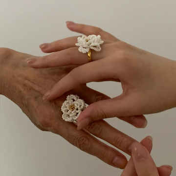“A Camellia Blossom” Handmade Beaded Ring – Adjustable Birthday Gift, 4-Layer Pearl Bead Flower, Gold-Plated Copper, Fits 58–62mm