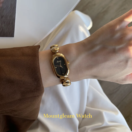 Gold Oval Black Dial Reloj de cuarzo con cuentas para mujeres - Elegante y atemporal