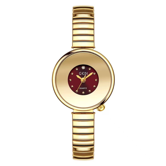 Expandable Comfort: Red Round Dial Watch with Gold Bezel & Expandable Steel Bracelet