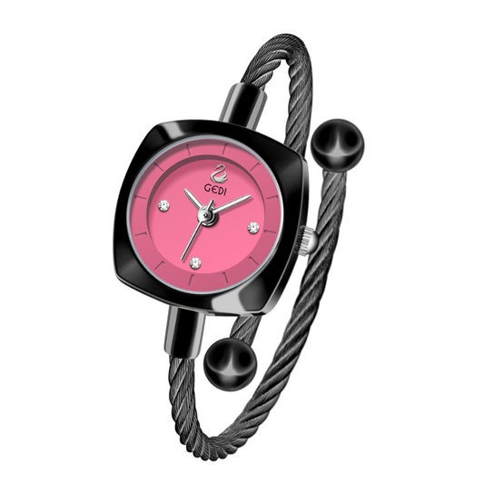 Black Bangle Watch – Women’s Quartz Bracelet with Bold Red Round Dial | Scarlet Loop
