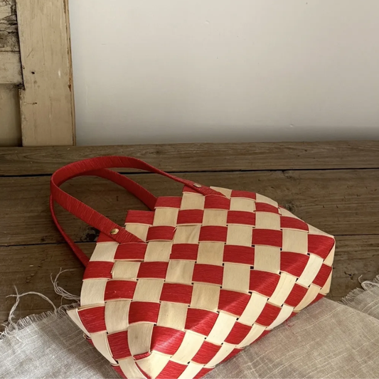 Japanese Woven Wooden Chip Handbag – Red Plaid Basket Tote, Handmade Retro Picnic-Style Bag