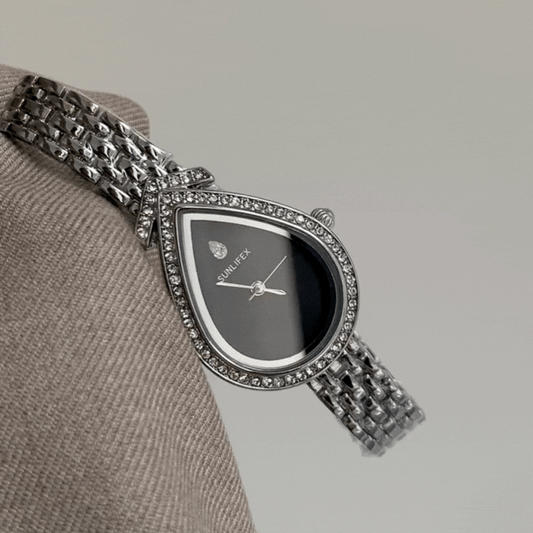 Silver Women’s Watch – Teardrop Crystal Case with Black Dial | Dainty Bracelet Style | Dew