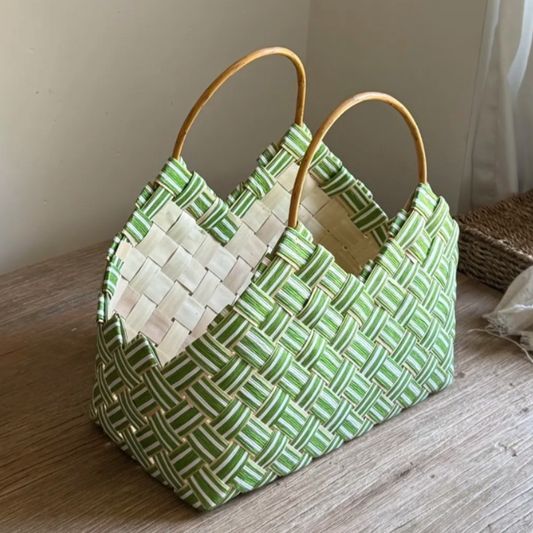Japanese Green Woven Wooden Chip Handbag – Large Handmade Basket Tote, Natural Retro Picnic Bag