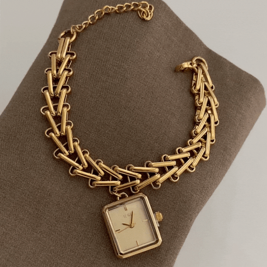 Gold Bangle Watch Women – Triangle Wheat Chain Bracelet with Hanging Pendant Dial | Golden Sheaf