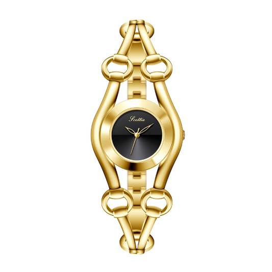 Equestrian Noir - Women's Vintage Horsebit Watch with Black Round Dial