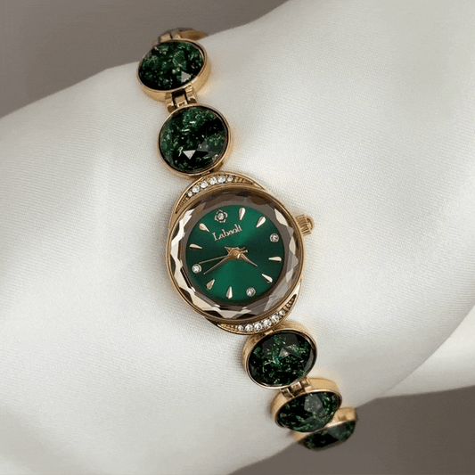 Gilded Luxury: Green Round Dial Watch with Gold Gemstone Bezel & Stainless Steel Link Bracelet