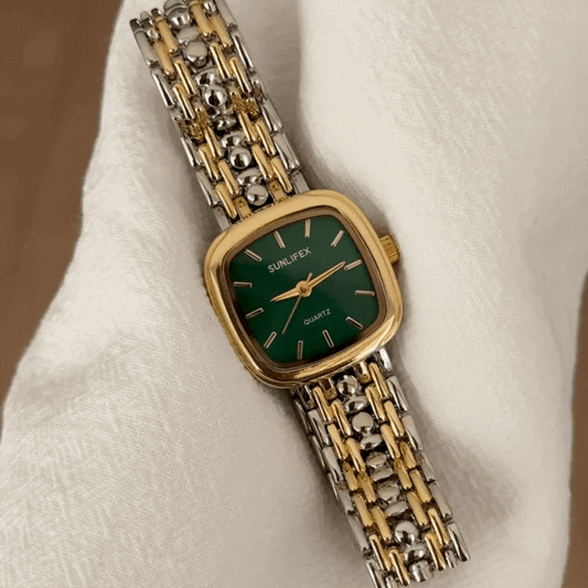 Elegant Rectangle Green Dial Gold Case with Gold-Silver Alloy Band | Quartz Movement