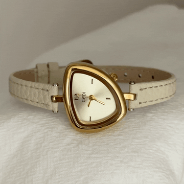 Aurora Curve – Women’s Gold Irregular Dial Watch with Ultra-Slim White Leather Strap