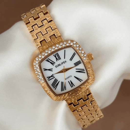 Daily Elegance White Rectangular Dial Gold Diamond Watch