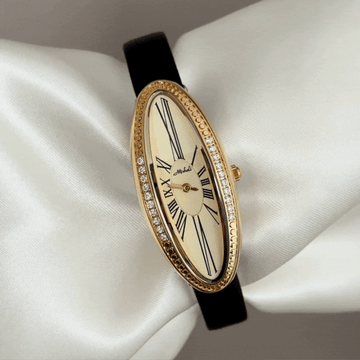 Geometric Fashion Gold Long Oval Dial Diamond Watch – Black Genuine Leather Quartz