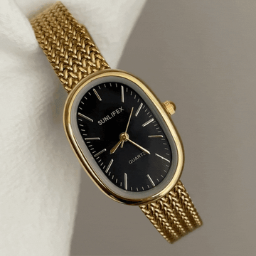 Chic Oval Black Dial Watch with Gold Case & Wheat-Pattern Bracelet