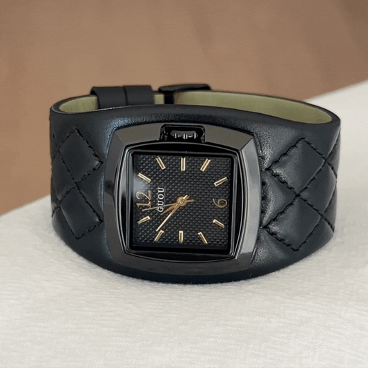 Contemporary Square Black Dial Black Case Genuine Leather  Strap Quartz Watch