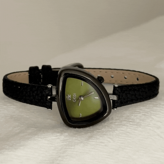 Modern Teardrop Green Dial Black Case Microfiber Leather Strap Geometric Watch