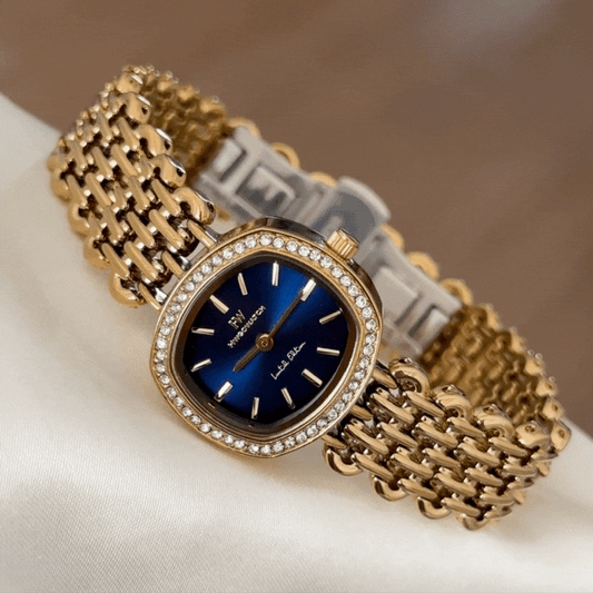 Affordable Luxury Blue Oval Watch - Gold Diamond Bezel & Alloy Bracelet