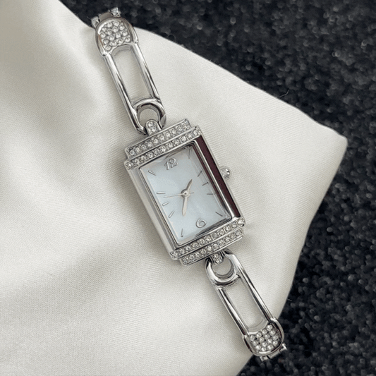 Modern Glamour: White Rectangle Dial with All-Silver Diamond Bracelet