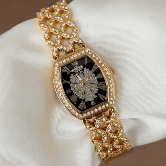 Urban Prestige Black Tonneau Dial with Center Diamonds & Gold Bezel - Quartz Watch