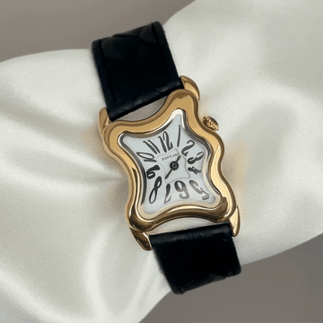 Modern Artistic: White Irregular Dial Watch with Gold Irregular Bezel & Black Leather Strap