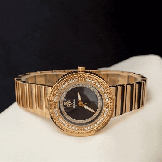 Modern Luxury Black Round Dial Diamond Watch - Gold Alloy Quartz Bracelet