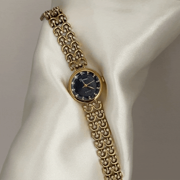 Chic Blue Dial Watch - Gold Round Case with Diamonds, Matching Bracelet
