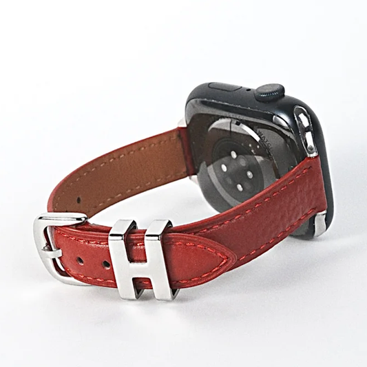 Red Unisex Watch Band Leather Stainless Steel H Buckle Litchi Grain — Crimson Charm