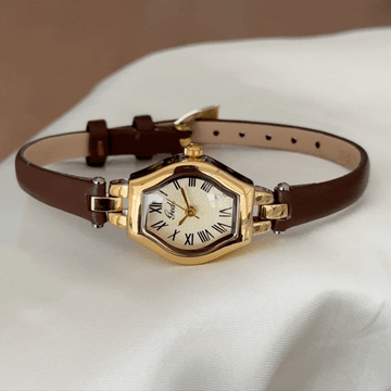 Executive Style Tonneau Watch - Gold Dial with Leather Band
