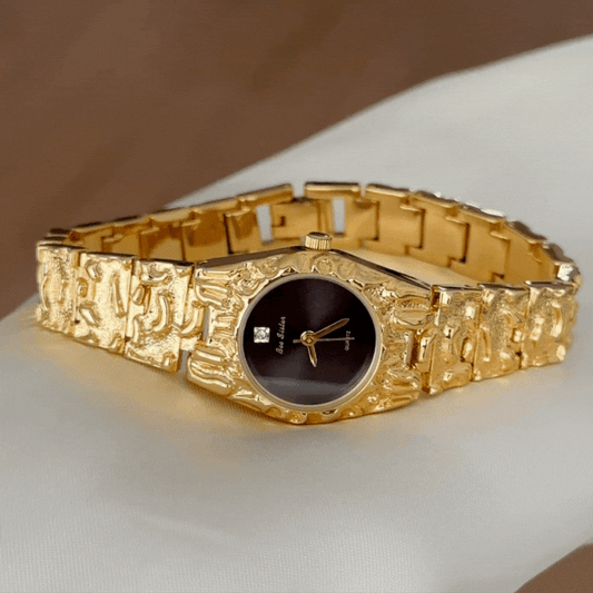 Modern Black & Gold Round Dial Watch with Alloy Bracelet - Quartz
