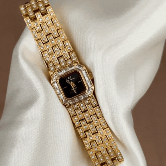 Classic Modern Black Rectangular Dial Gold Diamond Watch