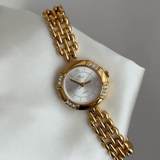 French Elegance Timepiece - White Gold Dial with Crystal Octagon Frame