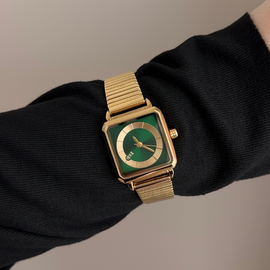 Versatile Luxury: Green Rectangular Dial Watch with Gold Bezel & Stainless Steel Bracelet