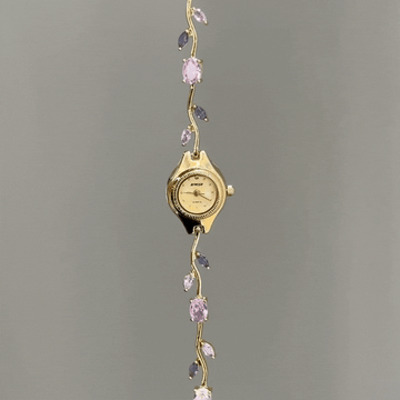 Romantic Radiance:Gold Round Dial Watch – Gold Case & Pink Floral Diamond-Accent Stainless Steel Band Quartz