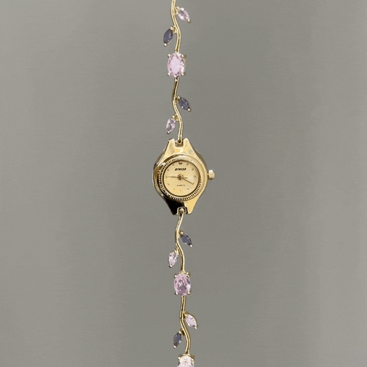 Romantic Radiance:Gold Round Dial Watch – Gold Case & Pink Floral Diamond-Accent Stainless Steel Band Quartz