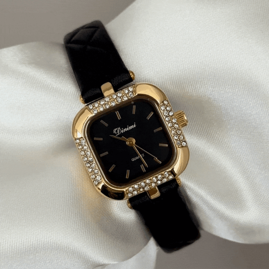 Executive Black Square Diamond Watch with Leather Strap - Quartz