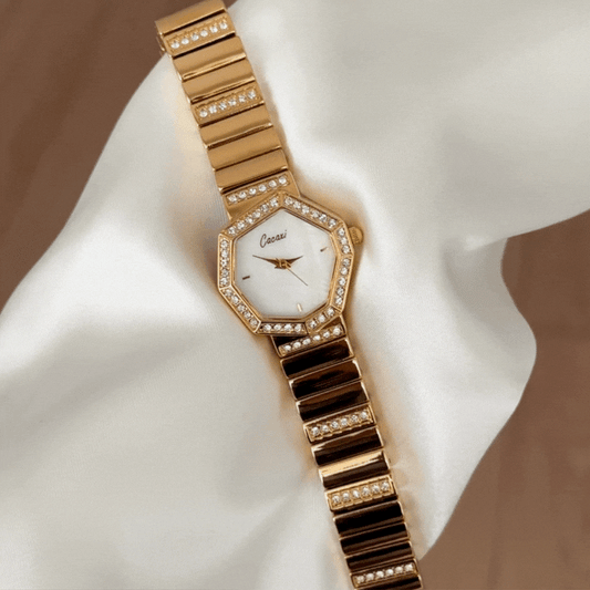 Geometric Art White Octagonal Irregular Dial Gold Diamond Quartz Watch