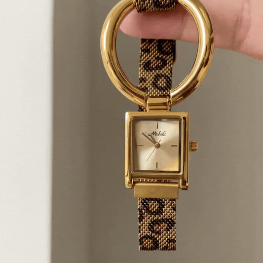 Bold Glamour:Gold Rectangular Dial Watch with Gold Rectangular Bezel & Brown Leopard-Print Strap with Gold Large Round Stainless Steel Links
