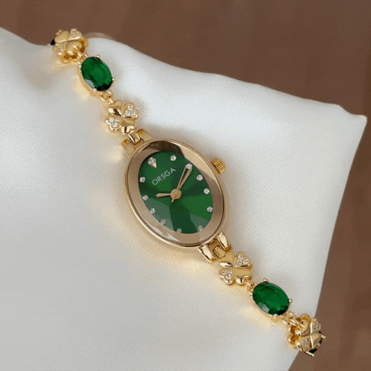 Vintage Green Oval Diamond Dial Gold Bezel Watch - Emerald & Alloy Bracelet