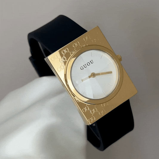Geometric Fusion: White Round Dial Watch with Gold Rectangular Bezel & Black Silicone Strap