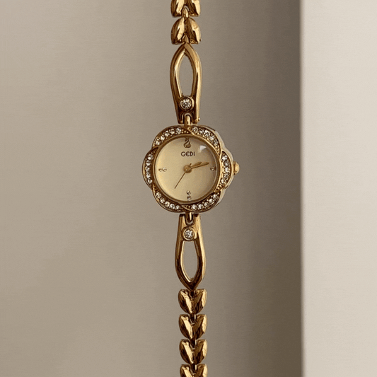 Romantic Elegance Gold Floral Dial Diamond Bezel Alloy Quartz Watch