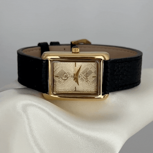 Business Casual Gold Rectangular Dial Black Genuine Leather Strap Quartz Watch