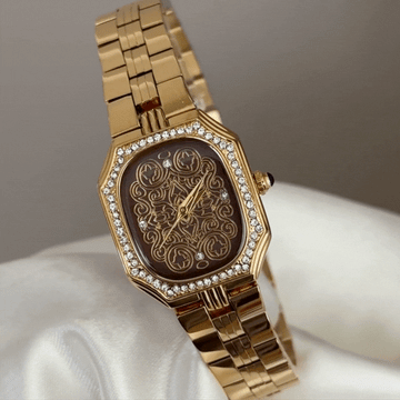 Art Deco Brown Square Dial Watch – Gold Crystal Quartz Bracelet
