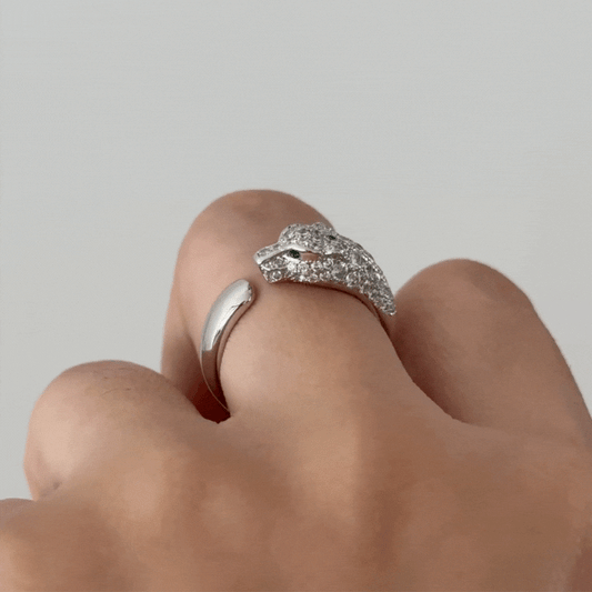 Panther Head Ring White Gold Plated with Micro-set Zirconia - Bold Luxury Open Ring