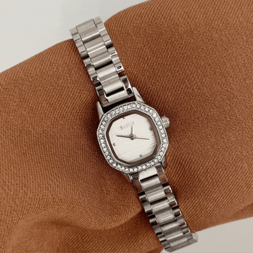 Modern Minimalist Silver Rectangular Dial Diamond Bezel Stainless Steel Quartz Watch