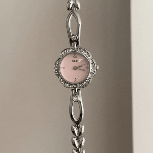 Gentle Commute Pink Floral Dial Silver Diamond Bezel Alloy Quartz Watch