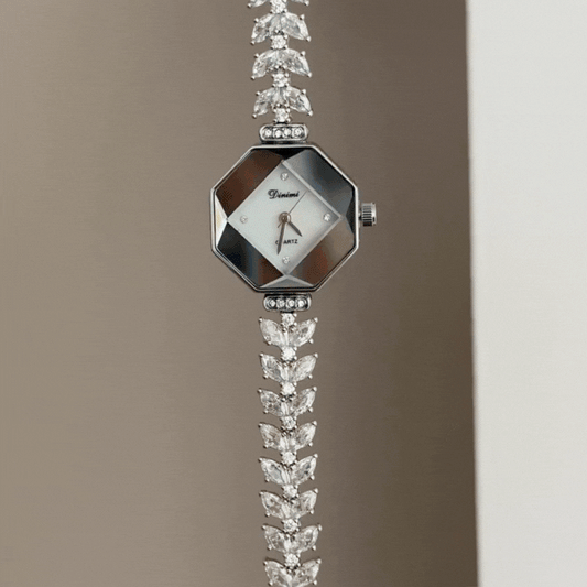Ethereal Elegance White Diamond Dial Watch - Silver Mermaid Tail Crystal Bracezlet